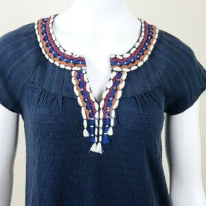 Lucky Brand Blue Top Womens S Embroidery V Neck Boho Stretch Knit Cotton